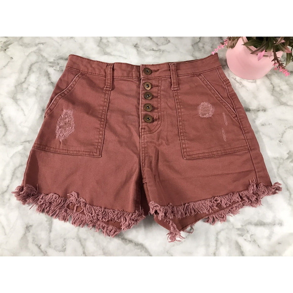 VINTAGE NOBO High Rise Button Distressed Denim Jean Shorts Orange Frayed SZ 5 - Picture 2 of 7
